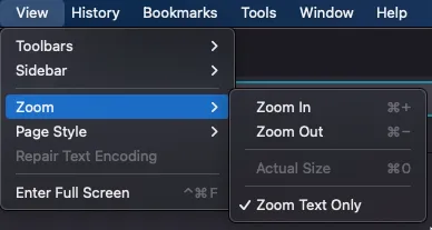 Screenshot of Firefox zoom settings.